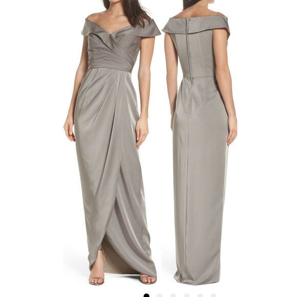 La Femme Womens size 0 dress 25206 Pewter Surplice off the shoulder column gown - Picture 1 of 5